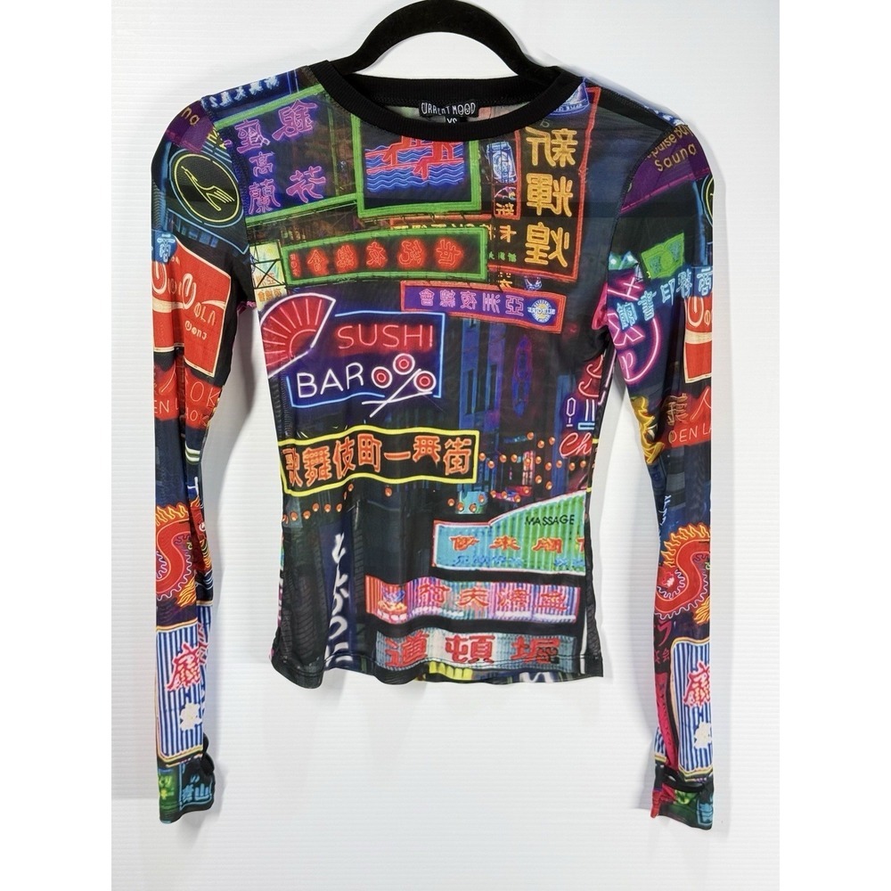 Dolls Kill Current Mood City Lights Mesh Long Sleeve Top XS Tokyo Neon Thumbhole